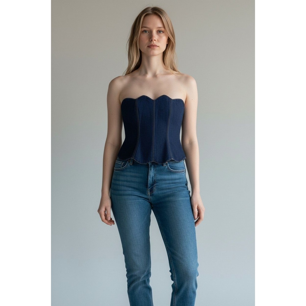 Meshki Oakley Strapless Scallop Denim Top Indigo Blue Size Medium New With Tags